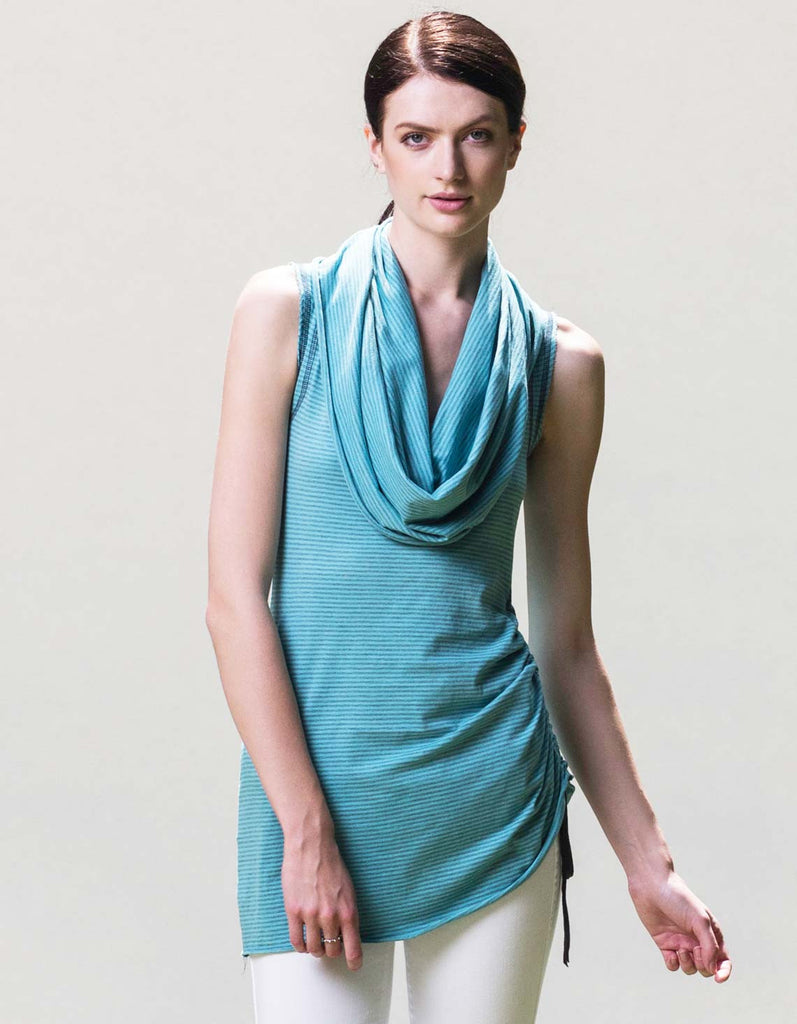 Blue micro-striped cowl tank in organic cotton, made in the USA.